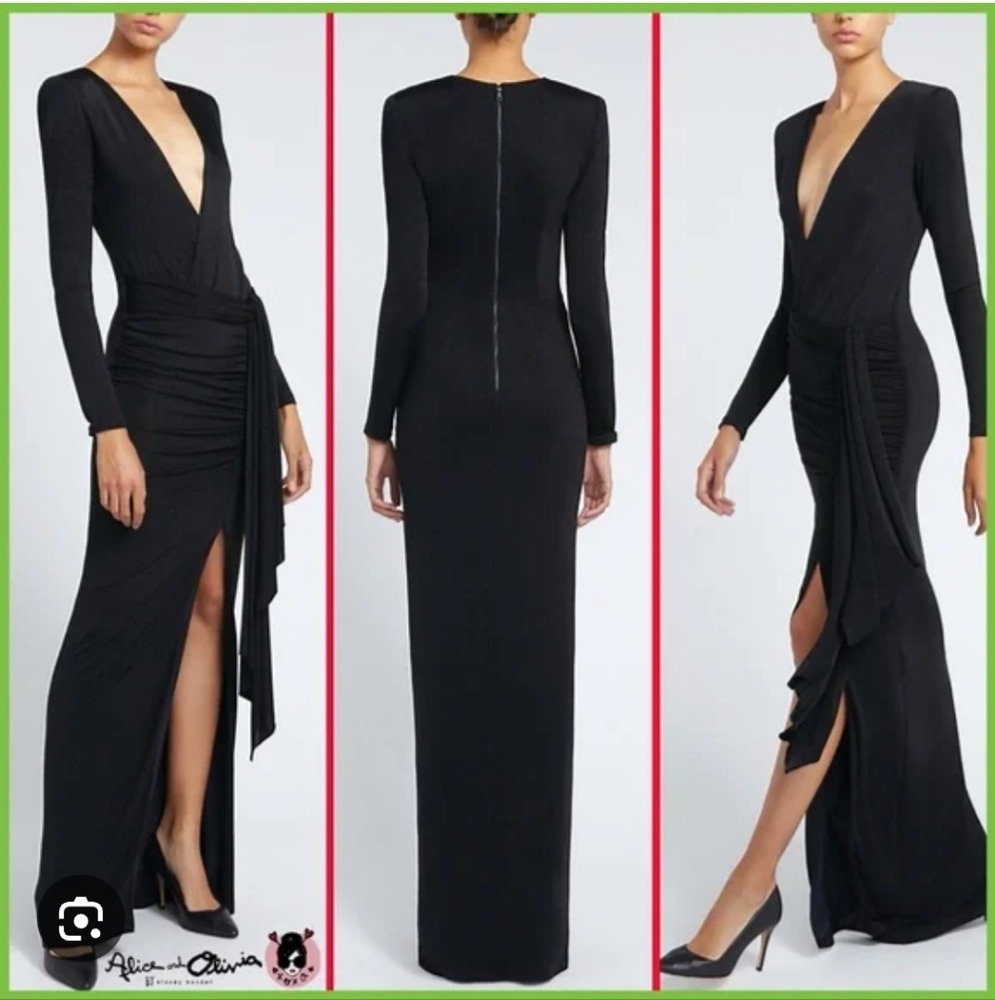 Alice + Olivia Kyra Deep V Black Long Sleeve Dress